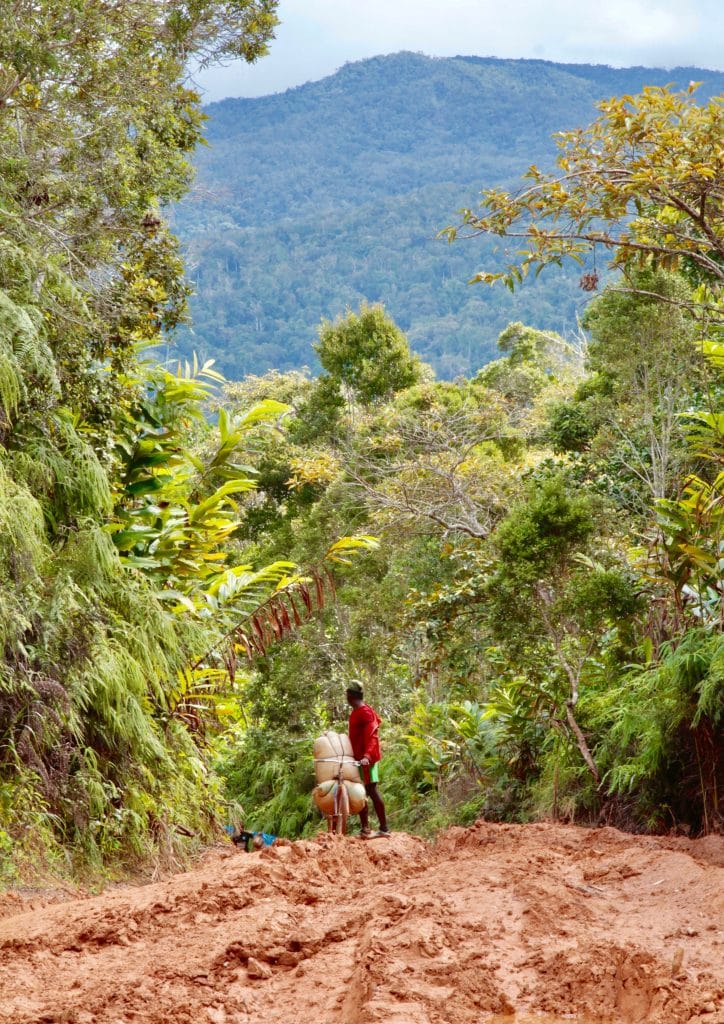 Man in a red shirt stands on a muddy dirt path in a tropical forest, carrying tied bundles or sacks.