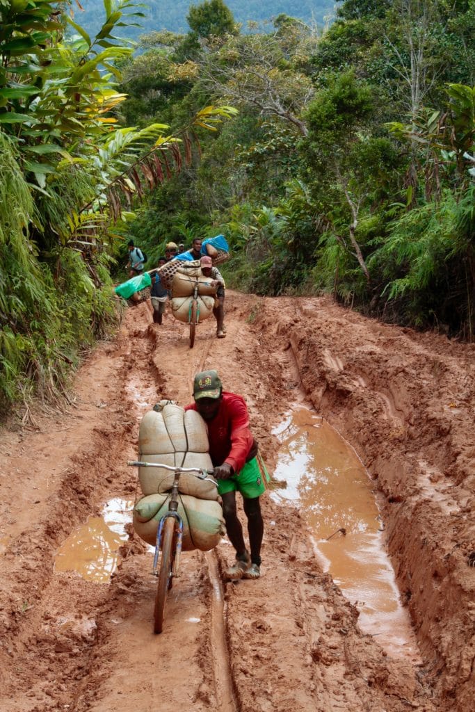 Group of people riding loaded bicycles along a muddy, rut-filled forest path surrounded by dense vegetation, carrying large sacks and bundles.